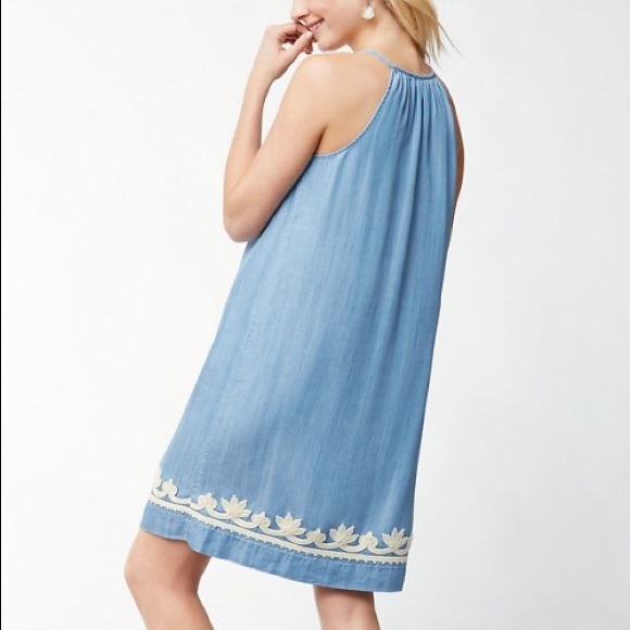 SOLD Tommy Bahama Chambray Embroidered Halter Dress - Picture 4 of 6